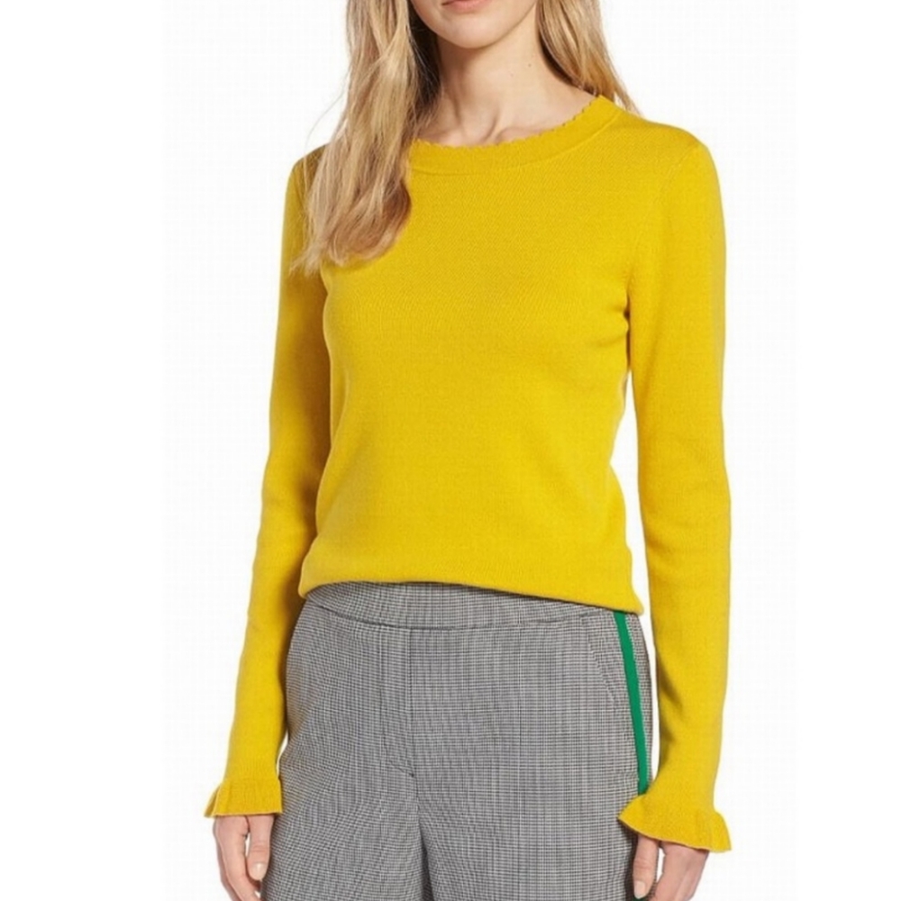 Halogen scalloped yellow crew neck sweater